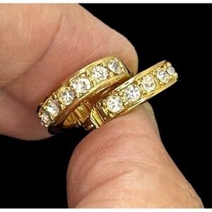 Vintage Monet Gold Tone Huggie‎ Hoop Earrings Clip On Rhinestone Accent Classic